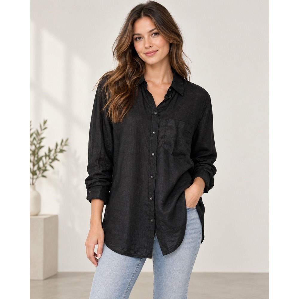 GAP Womens Boyfriend Shirt Black 100% Linen Long Sleeve Button Down XS New